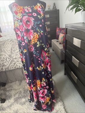 Floral Navy Maxi Skirt with Pink & Yellow Blooms